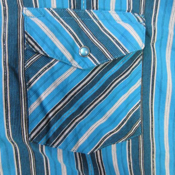 Vintage Wrangler Shirt Mens Large Blue Striped Western Snap Pearl Pockets 70s - Picture 3 of 8